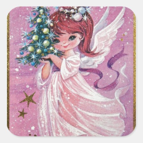 Vintage Christmas Angel Holding Tree Square Sticker