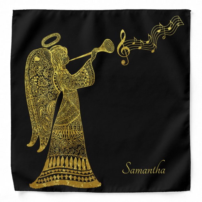 Vintage Christmas Angel in Gold on Black Bandana (Front)