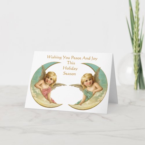 Vintage Christmas Angel Peace Joy Moon Religious Holiday Card