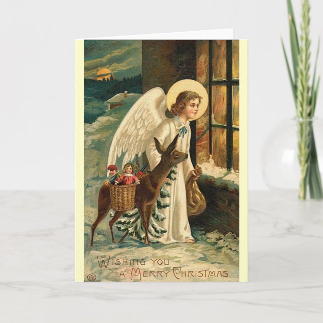Vintage Christmas angel reindeer Holiday Card (Front)