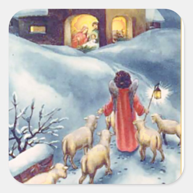 Vintage Christmas Angel Shepherd Nativity Square Sticker