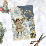 Vintage Christmas Angel Song Decoupage Craft Tissue Paper<br><div class="desc">Beautiful, vintage angel girl wearing a warm, pink and white, winter coat with wings, ringing a small bell. She's playing to a Christmas tune on Xmas sheet music, which is partially overlaid on an ornate mixture of blue and white faded print. Blue and silver ornate corner in upper right. Blue...</div>