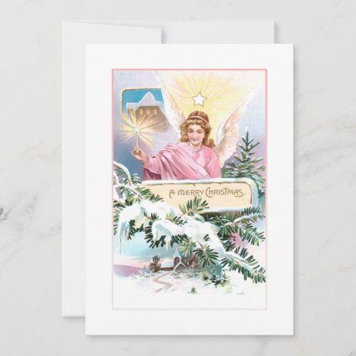 Vintage Christmas Angel Star  Snow Covered Pine Holiday Card