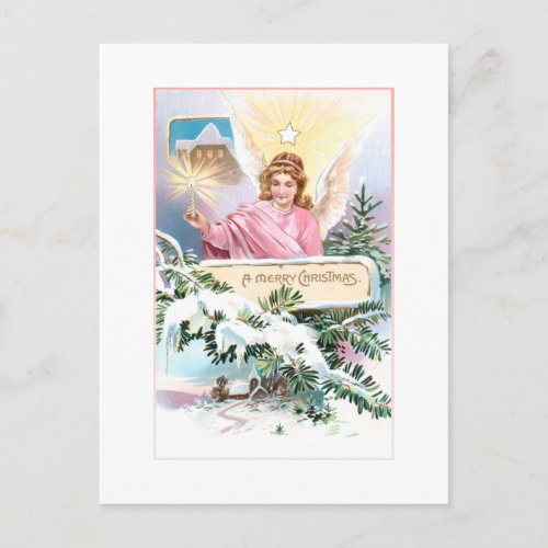 Vintage Christmas Angel Star  Snow Covered Pine Postcard