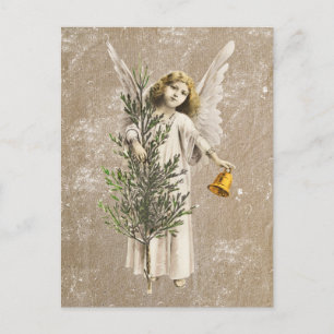 Vintage Christmas Angel & Tree Holiday Kraft Brown Postcard