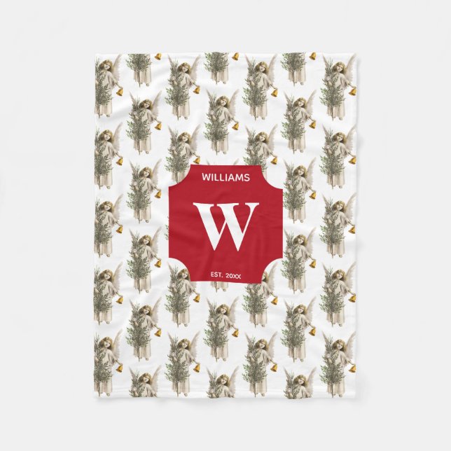 Vintage Christmas Angel & Tree Holiday Monogrammed Fleece Blanket (Front)