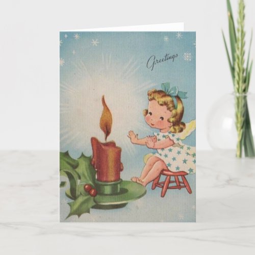 Vintage Christmas Angel Warm By a candle Holiday Card