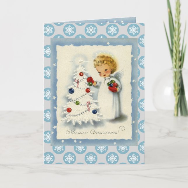 Vintage Christmas Angel & White Tree Card (Front)