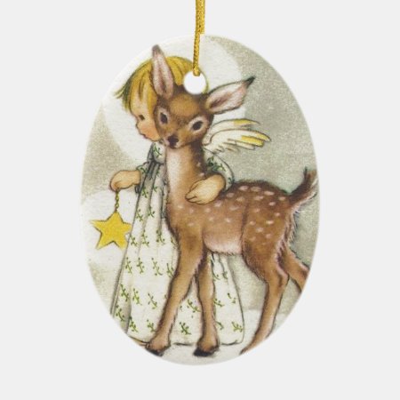 Vintage Christmas Angel With Baby Deer Ceramic Ornament