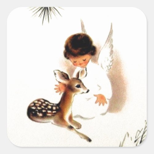 Vintage Christmas Angel With Baby Deer Square Sticker