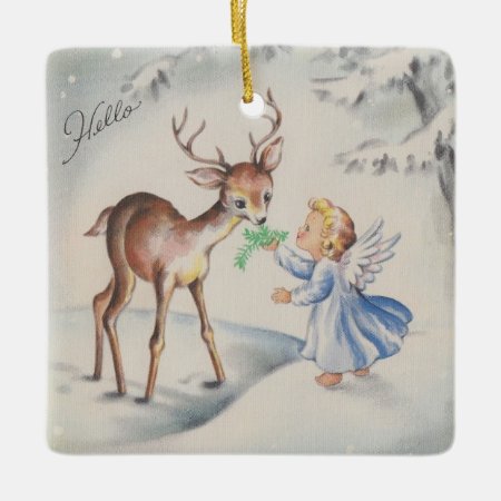 Vintage Christmas Angel With Baby Deer Tree Ceramic Ornament