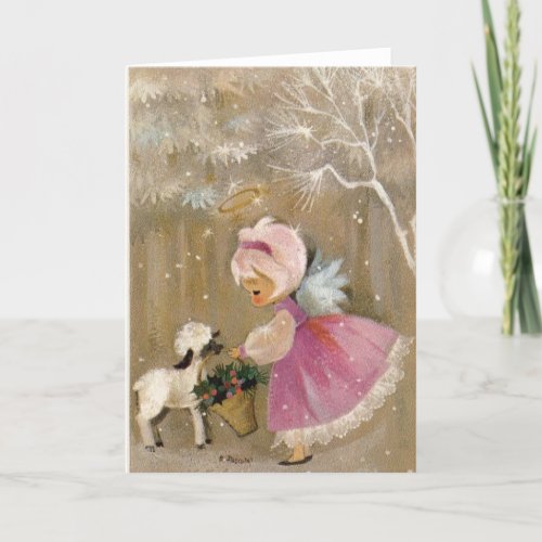 Vintage Christmas Angel With Lamb Holiday Card