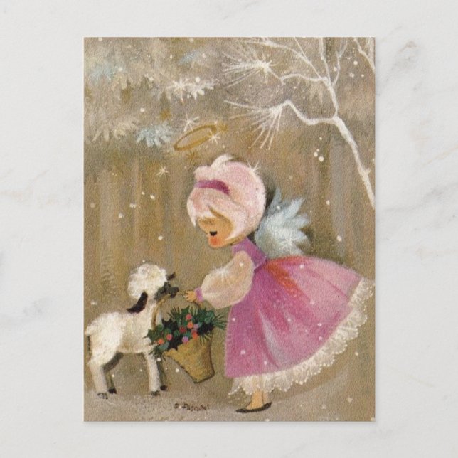 Vintage Christmas Angel With Lamb Holiday Postcard (Front)