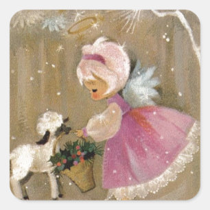 Vintage Christmas Angel With Lamb Square Sticker