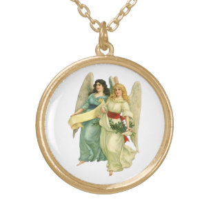 Vintage Christmas, Angelic Victorian Angels Gold Plated Necklace