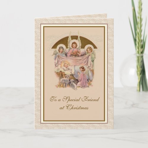 Vintage Christmas Angels Baby Jesus in Manger Holiday Card