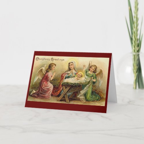 VINTAGE CHRISTMAS angels baby Jesus manger Holiday Card