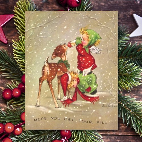 Vintage Christmas Angels Feeding Baby Deer Holiday Postcard