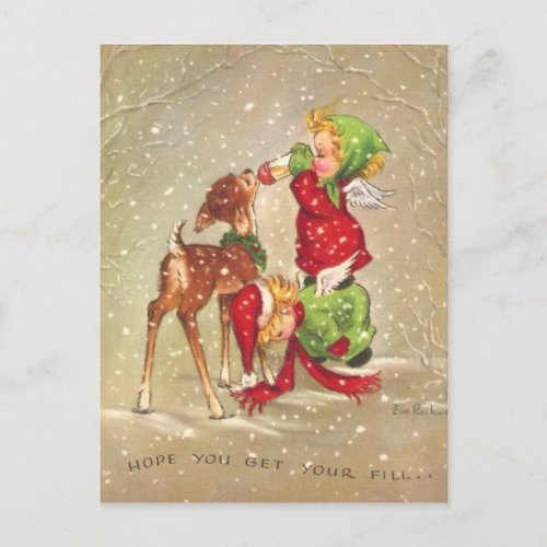 Vintage Christmas Angels Feeding Baby Deer Holiday Postcard