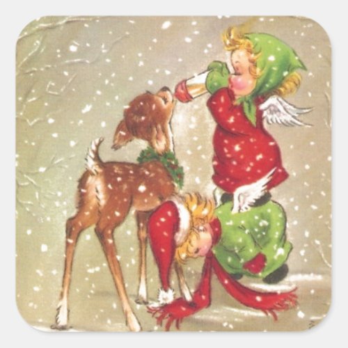 Vintage Christmas Angels Feeding Baby Deer Square Sticker