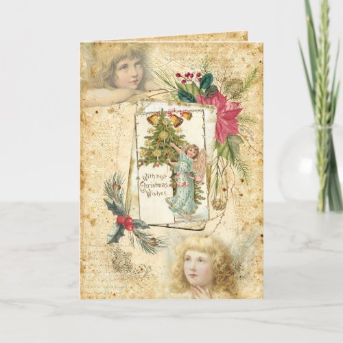 Vintage Christmas Angels Holly  Poinsettias Holiday Card