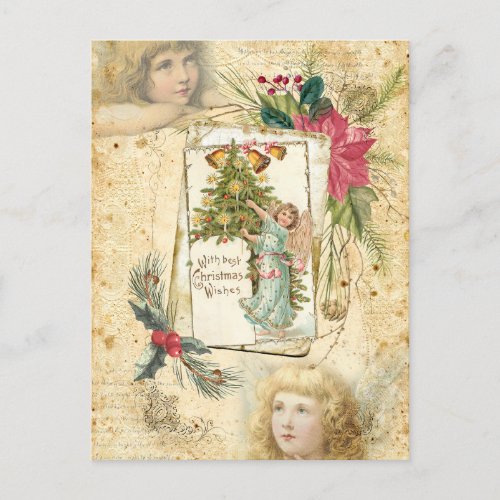 Vintage Christmas Angels Holly  Poinsettias Holiday Postcard