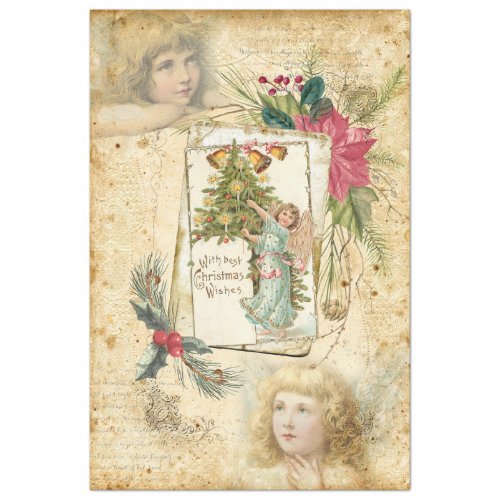 Vintage Christmas Angels Holly  Poinsettias Tissue Paper