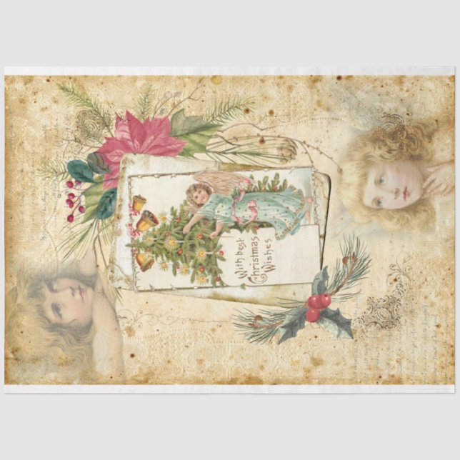 Vintage Christmas Angels, Holly & Poinsettias Tissue Paper (Front)
