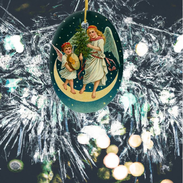 Vintage Christmas Angels on the Moon Ceramic Ornament (Creator Uploaded)