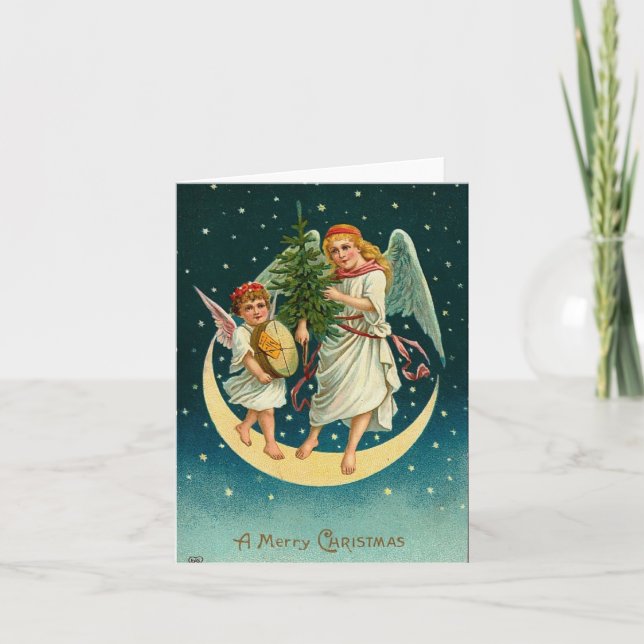 Vintage Christmas Angels on the Moon Holiday Card (Front)