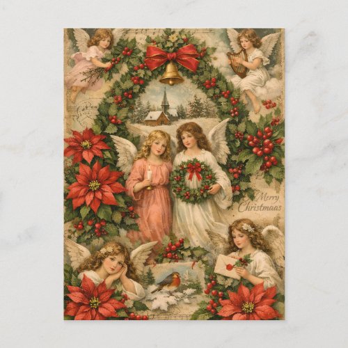 Vintage Christmas Angels, Poinsettia, Berries  Postcard