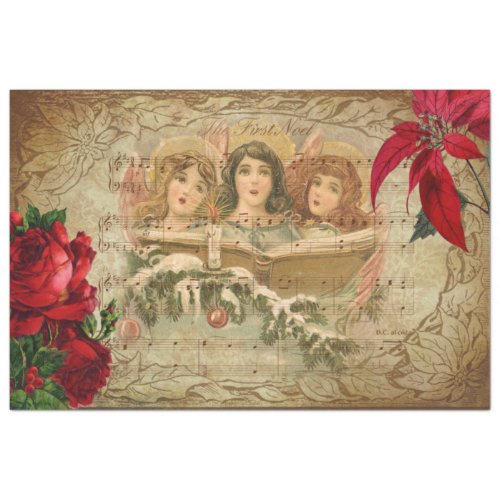 Vintage Christmas Angels wRoses  Poinsettias Tissue Paper