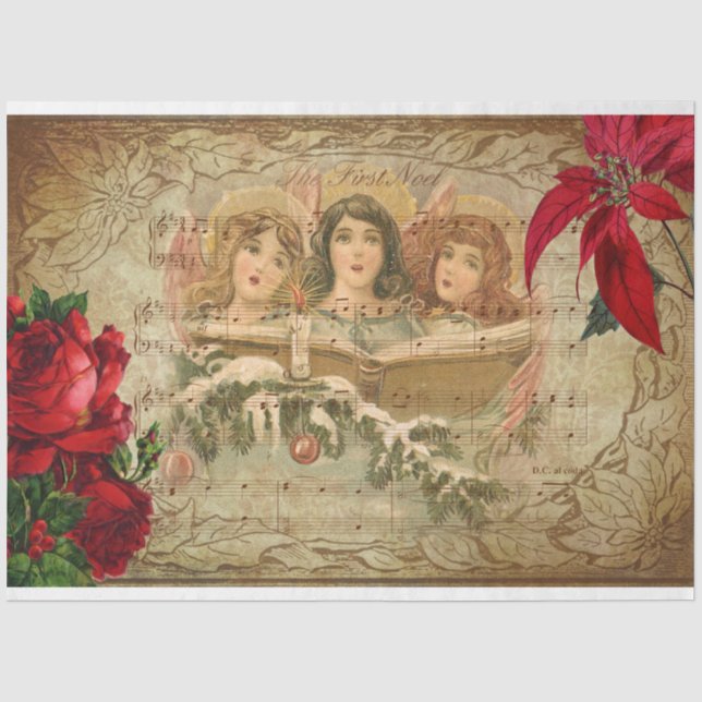 Vintage Christmas Angels w/Roses & Poinsettias Tissue Paper (Front)