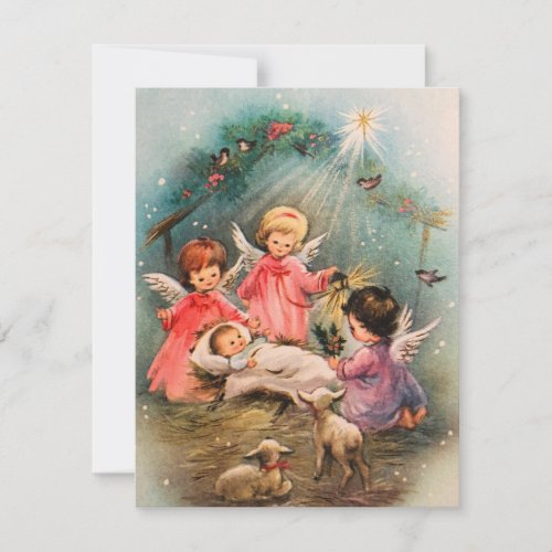 Vintage Christmas Angels Watching Over Baby Jesus Holiday Card