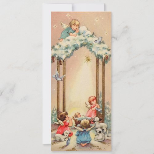 Vintage Christmas Angels Watching Over Baby Jesus Holiday Card