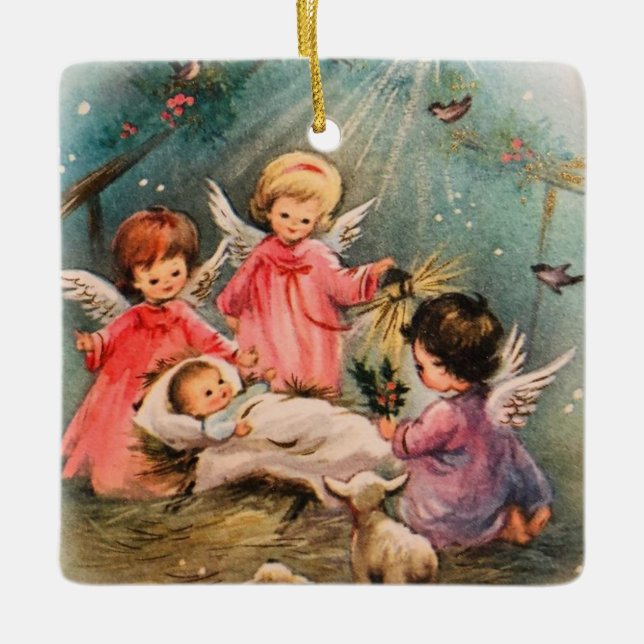 Vintage Christmas Angels With Baby Jesus Ceramic Ornament (Front)