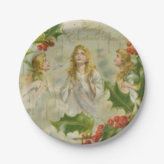 Vintage Christmas Angels with Wreath Paper Plates (Front)