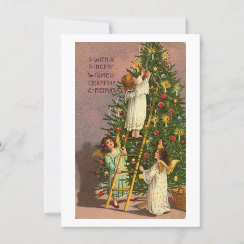 Vintage Christmas Angles Decorate Tree Holiday Card