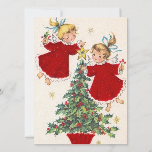 Vintage Christmas Angles Decorate Tree Holiday Card
