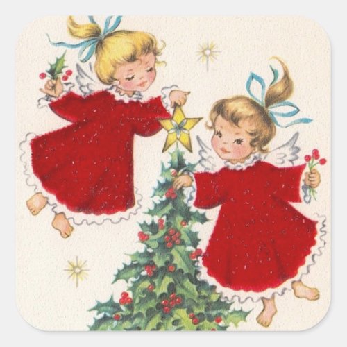 Vintage Christmas Angles Decorate Tree Square Sticker