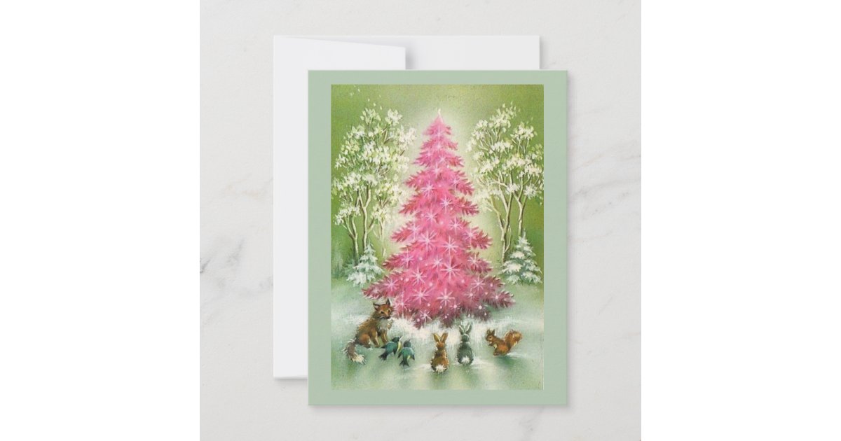 Vintage Christmas Animals Around Pink Tree Holiday Card Zazzle Com