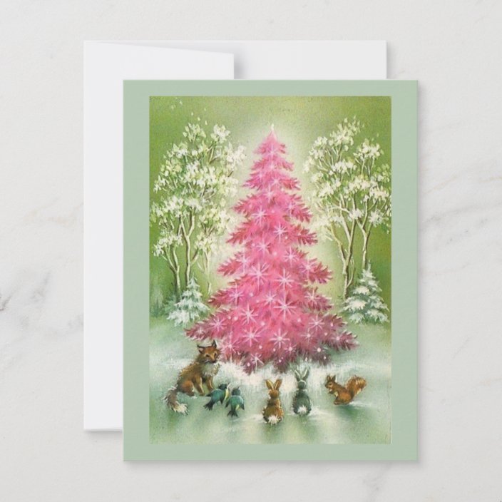 Vintage Christmas Animals Around Pink Tree Holiday Card Zazzle Com