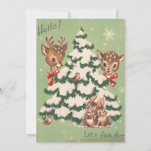 Vintage Christmas Animals Around Tree Holiday Card