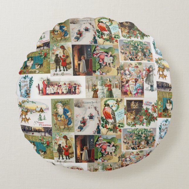 Vintage Christmas Antique Collage Round Pillow (Front)