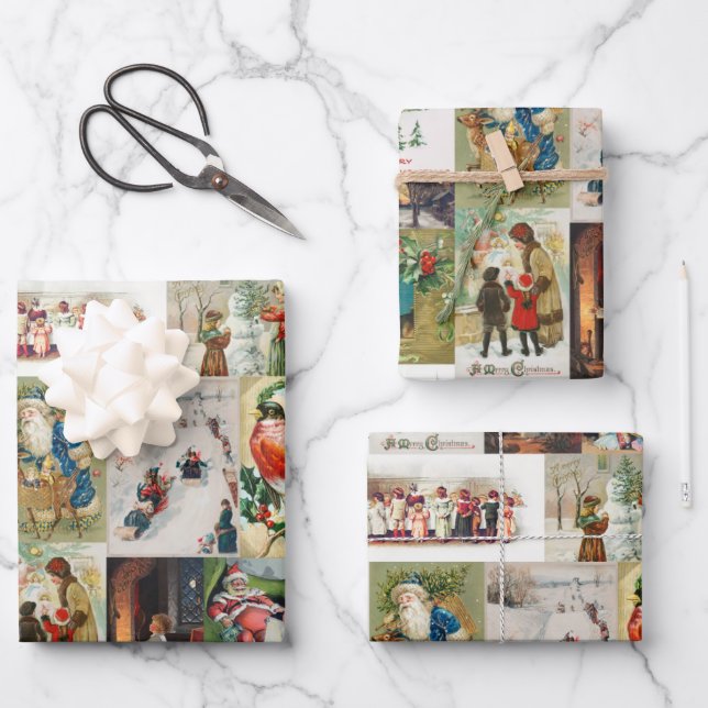 Vintage Christmas Antique Collage Wrapping Paper Sheets (Front)