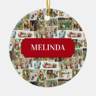 Vintage Christmas Antique Collage Xmas Custom Name Ceramic Ornament