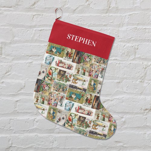 Vintage Christmas Antique Collage Xmas Custom Name Large Christmas Stocking