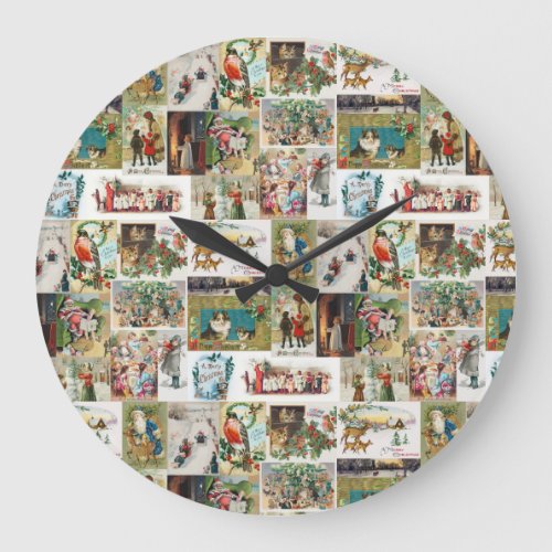 Vintage Christmas Antique Collage Xmas Large Clock