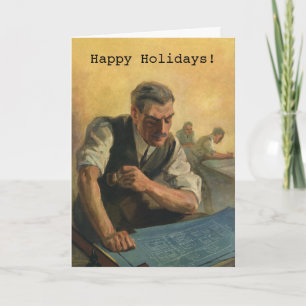 Vintage Christmas, Architect w Building Blueprints Holiday Card