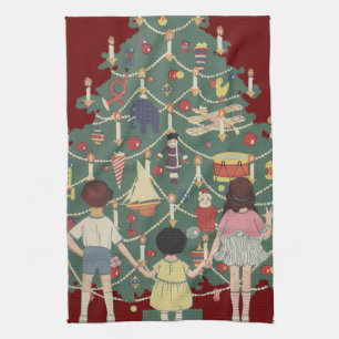 Vintage Christmas Around a Decorated Tree Kitchen Towel